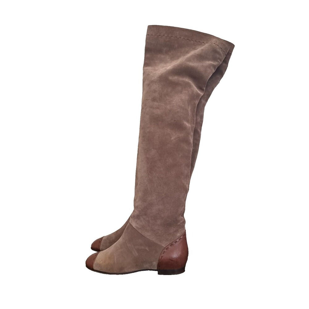 Chloé Suede Over Knee Boots 39 Brown Leather Cap Toe Flat Designer Boho Luxury